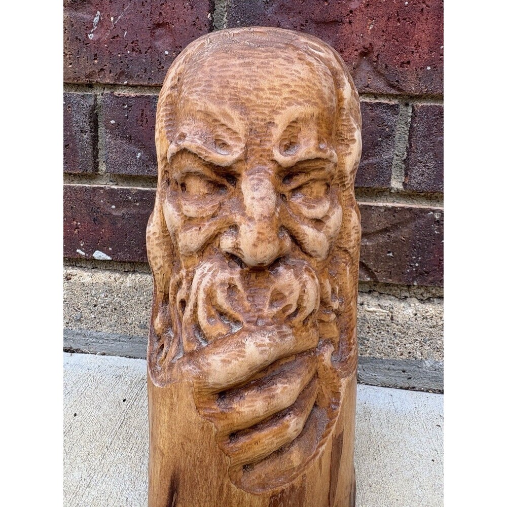Vintage USSR Russian Handcarved "Man Stroking His Beard" Wood Sculpture 10" High